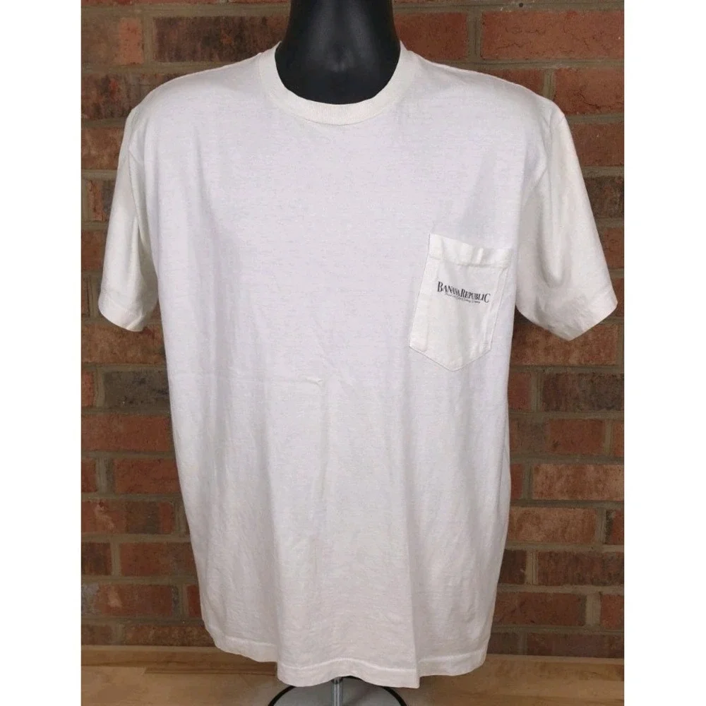 Banana Republic Medium Vintage 80s Pocket T White Shirt Lizard Map Outdoors USA